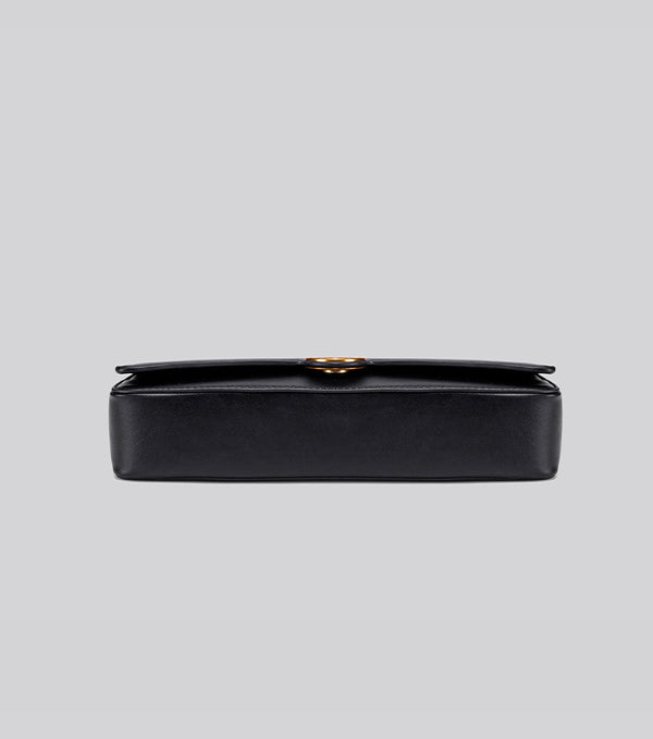 Structured rectangular flap bag with gold-tone circular turn-lock closure and detachable crossbody strap, detail view 12