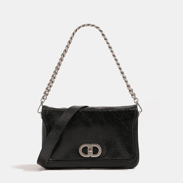 Rectangular flap shoulder bag with chunky silver-tone chain strap and crinkled leather-look finish, detail view 7