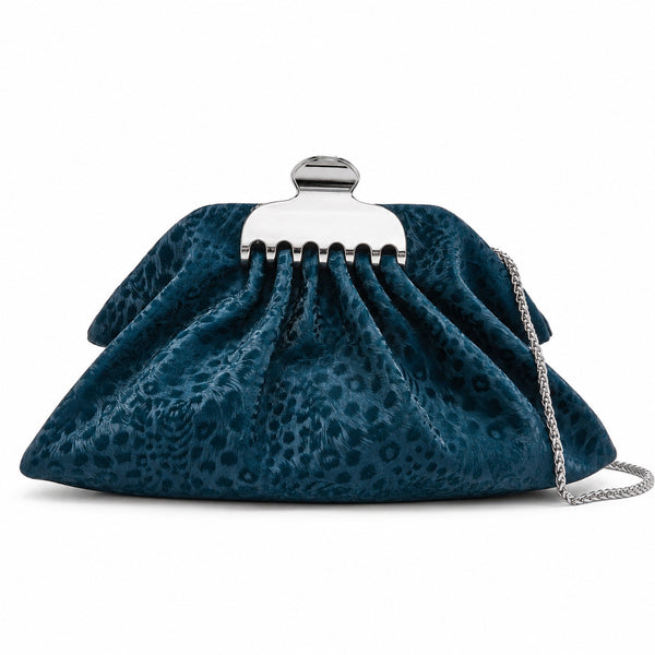 Gathered pouch clutch bag in metallic silver with polished silver-tone frame clasp and fine chain strap, detail view 9