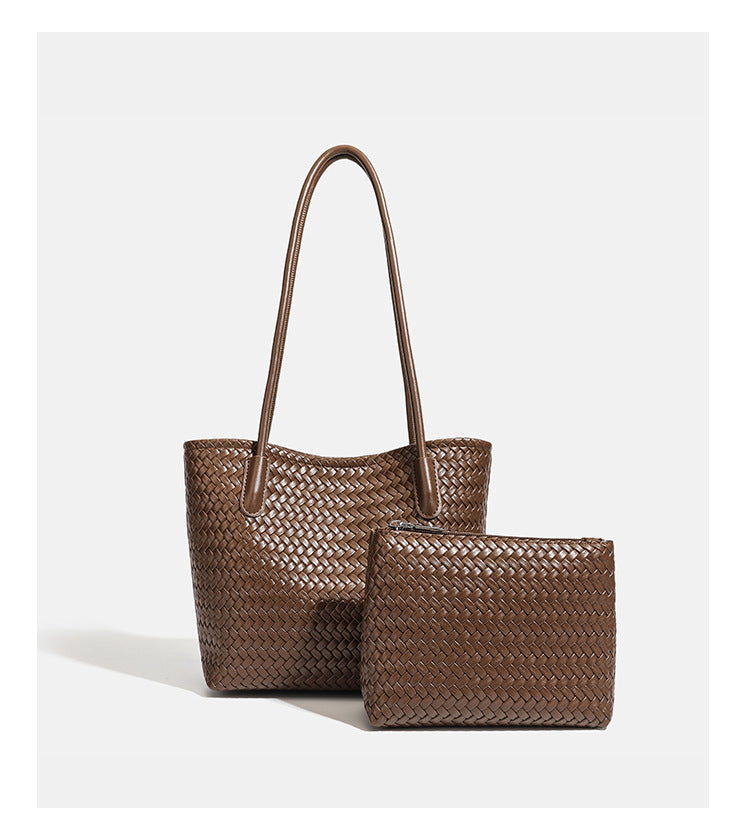Structured woven leather-look tote bag with long shoulder straps and matching zippered pouch, detail view 22