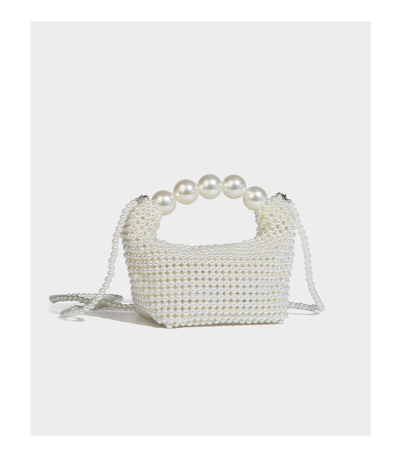 Kleine formstabile Mini-Henkeltasche mit Kunstperlenbesatz, übergroßem Perlenbogenhenkel und abnehmbarem Perlen-Crossbody-Riemen