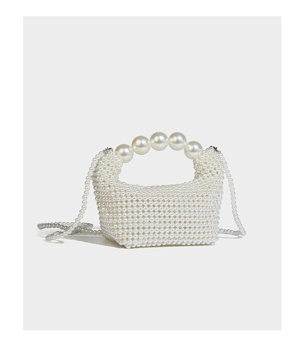 Kleine formstabile Mini-Henkeltasche mit Kunstperlenbesatz, übergroßem Perlenbogenhenkel und abnehmbarem Perlen-Crossbody-Riemen