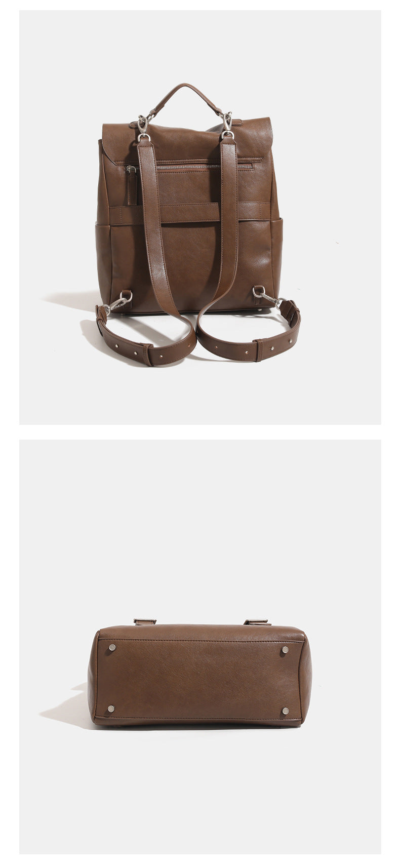 Structured flap backpack handbag in smooth leather-look finish with buckle front pocket, top handle, and silver-tone