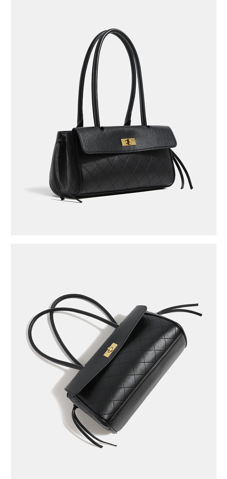 Structured quilted diamond-stitch baguette handbag with gold-tone turn-lock closure and dual top handles, detail view 11
