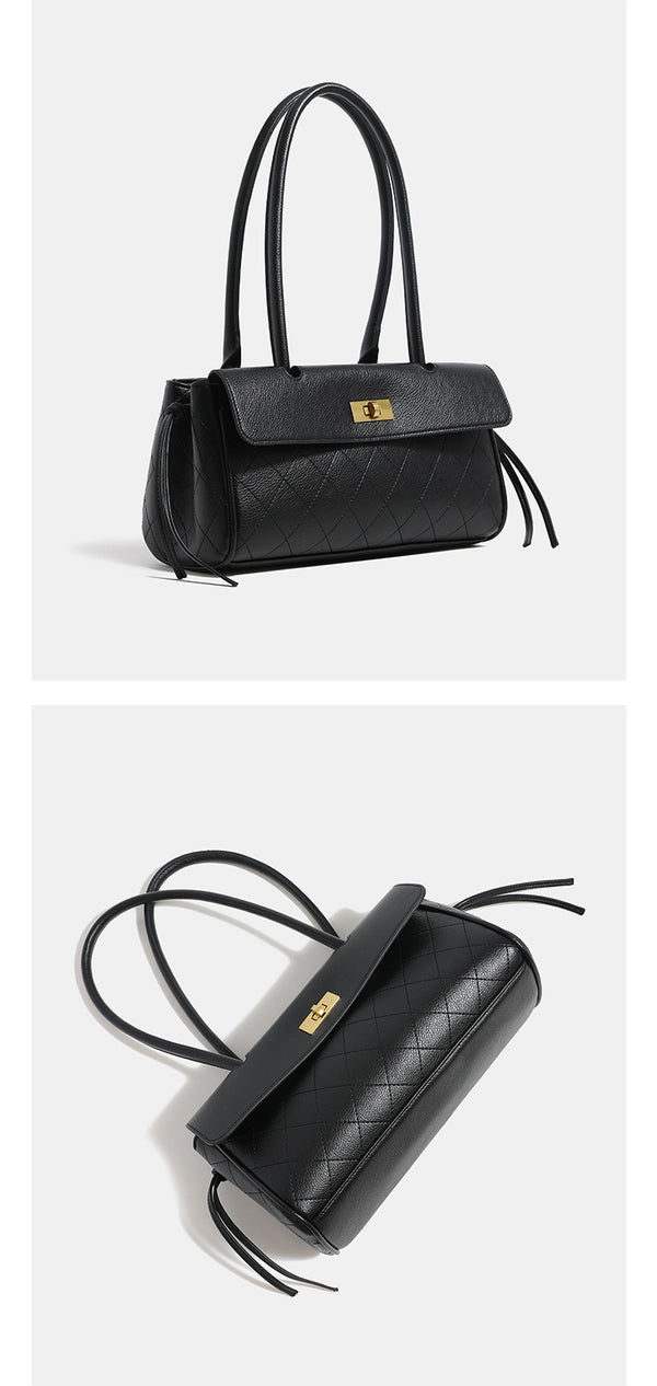 Structured quilted diamond-stitch baguette handbag with gold-tone turn-lock closure and dual top handles, detail view 11