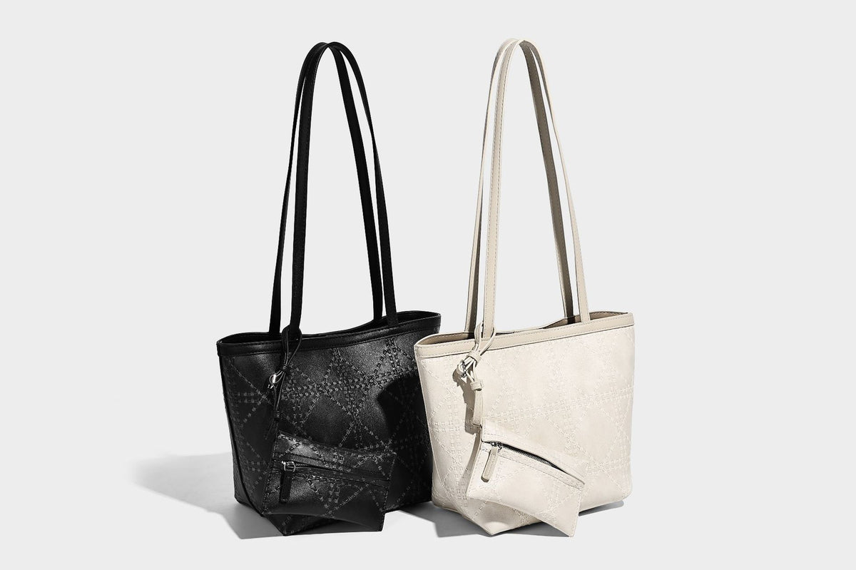 Quilted diamond-pattern tote bag with attached front zip pouch and long shoulder straps, detail view 14