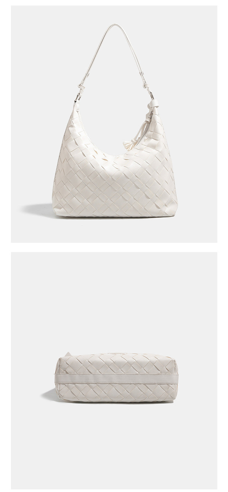 Large woven checker hobo shoulder bag with slim strap, silver-tone hardware, and braided tassel zipper pull, detail view 13