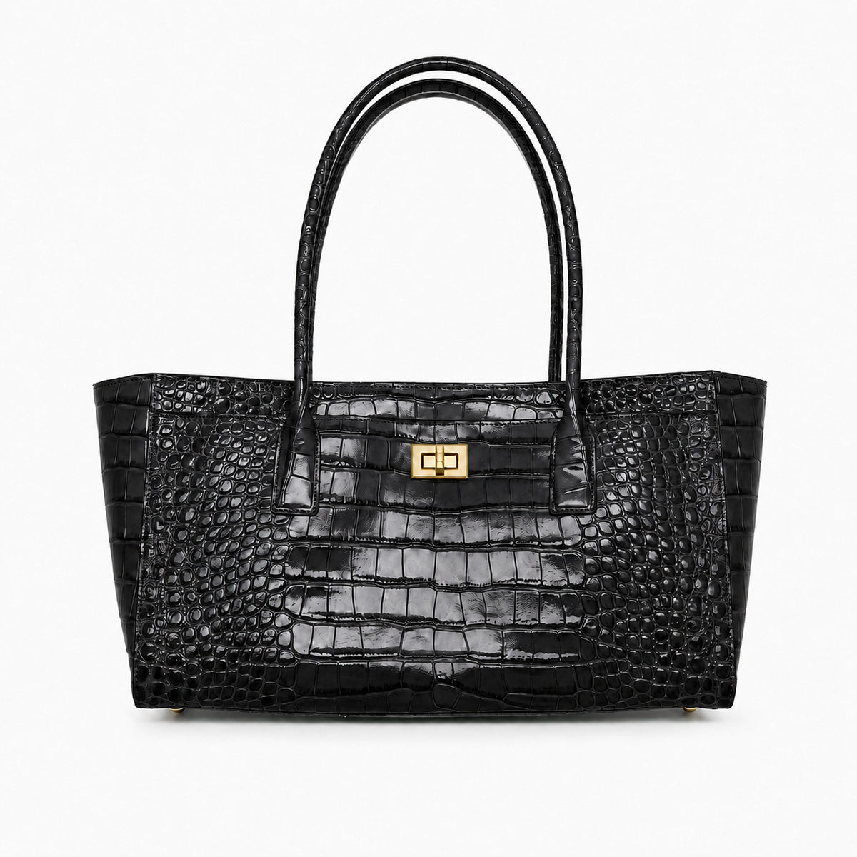 Structured glossy crocodile-embossed tote bag with gold-tone turn-lock closure and double top handles, detail view 8