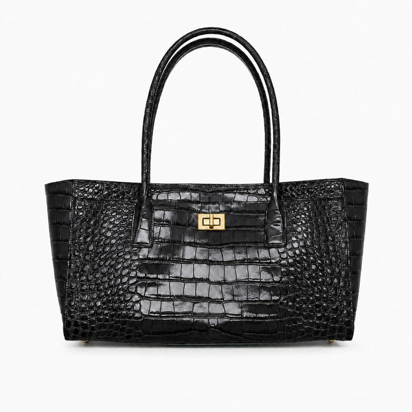 Structured glossy crocodile-embossed tote bag with gold-tone turn-lock closure and double top handles, detail view 8