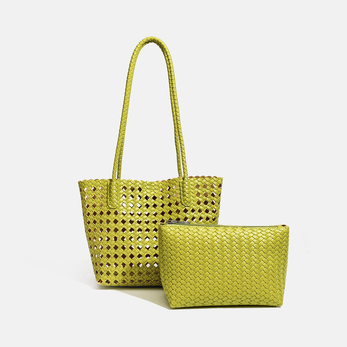 Gewebte Tote-Bag in Chartreuse mit offenem Gittermuster, langen geflochtenen Schulterriemen und gewelltem oberen Rand, Detailansicht 2
