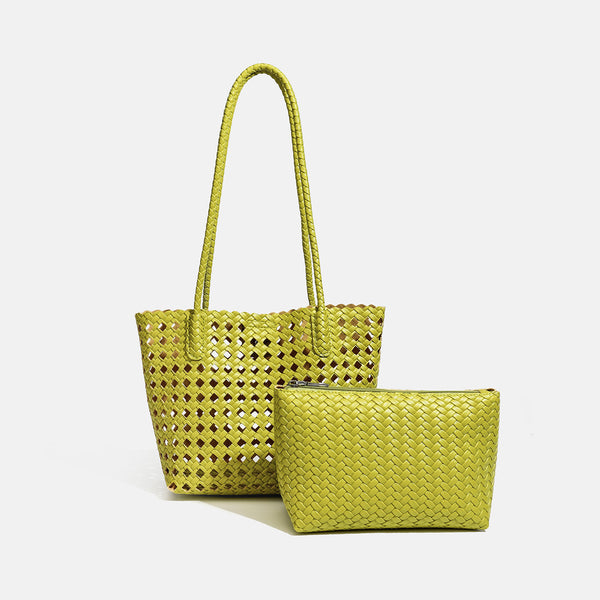 Gewebte Tote-Bag in Chartreuse mit offenem Gittermuster, langen geflochtenen Schulterriemen und gewelltem oberen Rand, Detailansicht 2