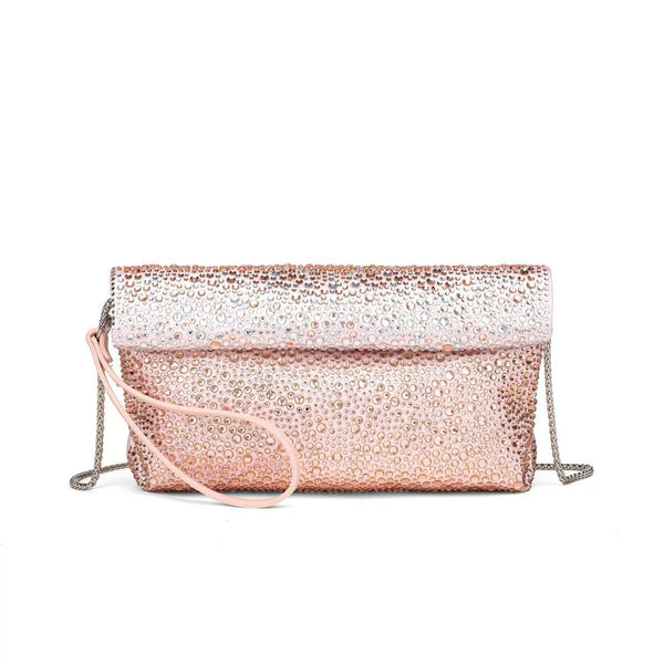 Mit Kristallen verzierte Foldover-Clutch mit Umschlagklappe und abnehmbarem Kettenriemen, Detailansicht 8