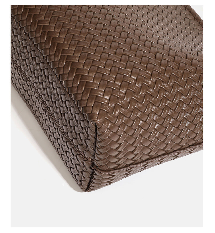 Structured woven leather-look tote bag with long shoulder straps and matching zippered pouch, detail view 24