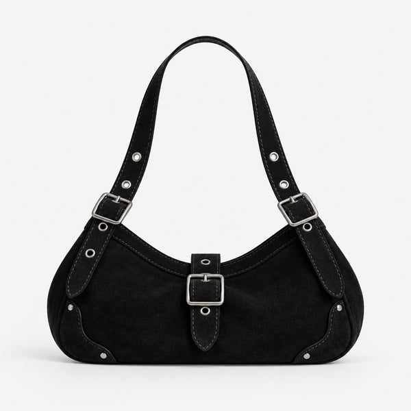 Geschwungene Hobo-Schultertasche mit matter Wildlederoptik, Riemen mit Schnalle in Silberoptik, Ösen, Nieten und Reißverschluss, Detailansicht
