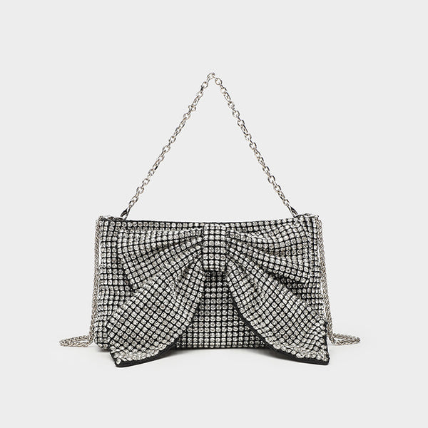 Kleine rechteckige Clutch zum Umhängen mit Schleife, vollständig mit Strasssteinen besetzt, silberfarbenem Kettenriemen, Detailansicht 6