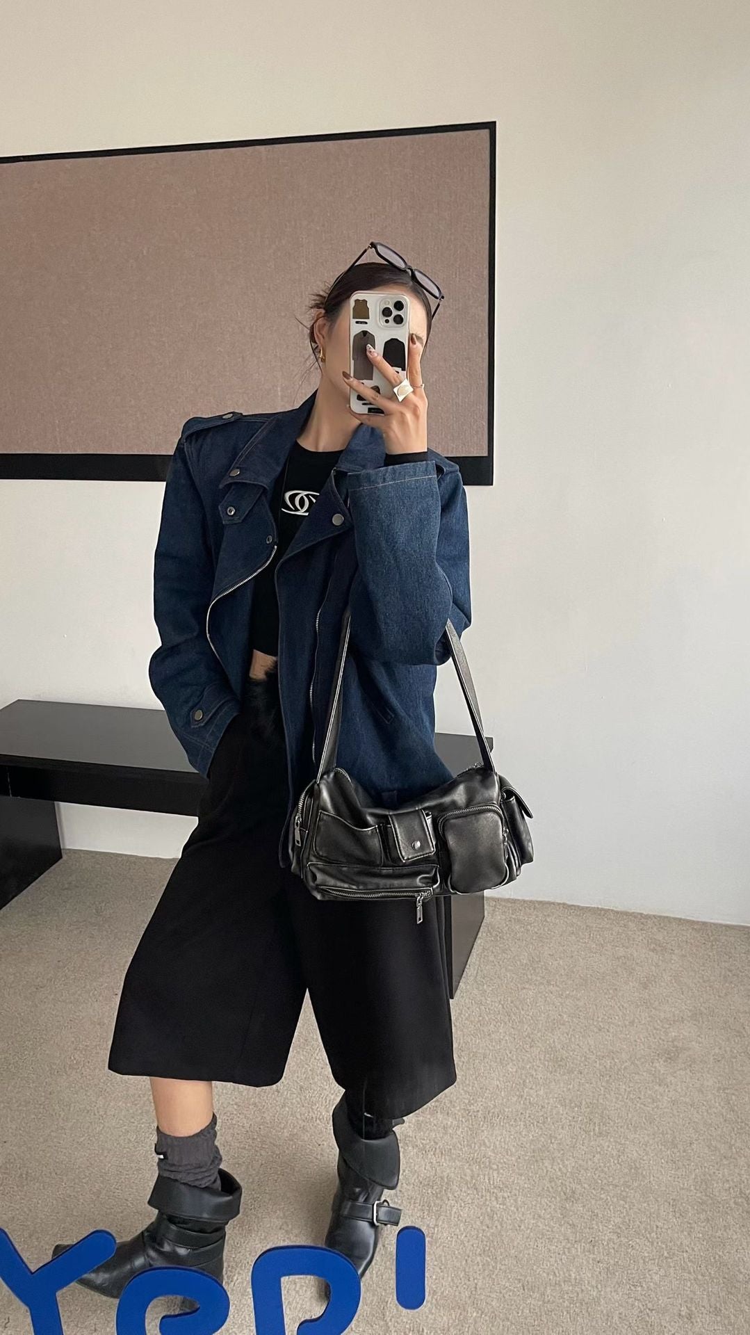 Slouchy multi-pocket leather-look shoulder bag with silver-tone hardware and adjustable strap, detail view 12