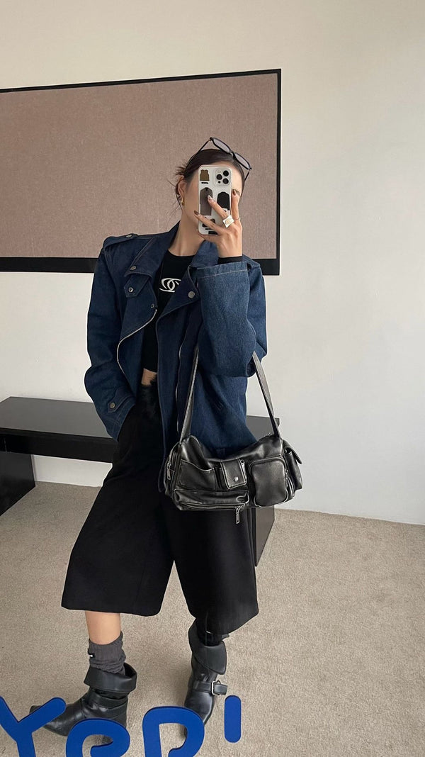 Slouchy multi-pocket leather-look shoulder bag with silver-tone hardware and adjustable strap, detail view 12