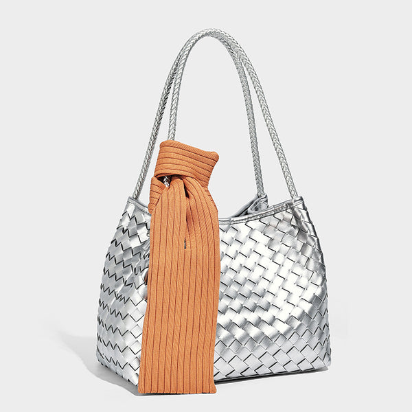 Glänzende gewebte Tote-Bag zum Umhängen mit geflochtenen Doppelriemen in Mintgrün, Detailansicht 35