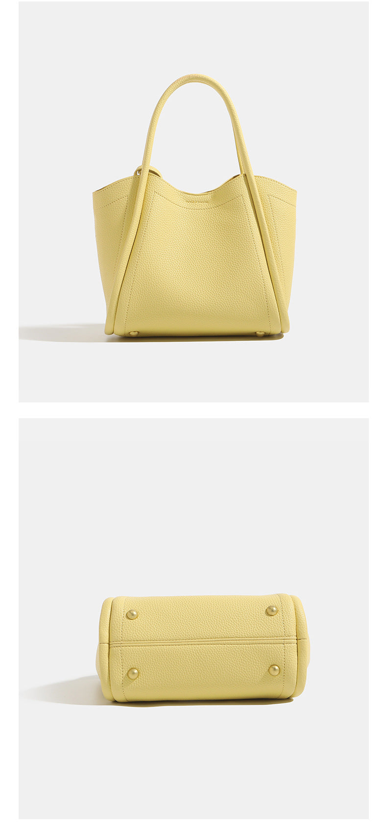 Small structured pebbled leather-look bucket tote bag with bow charm tie closure and gold-tone hardware, detail view 13