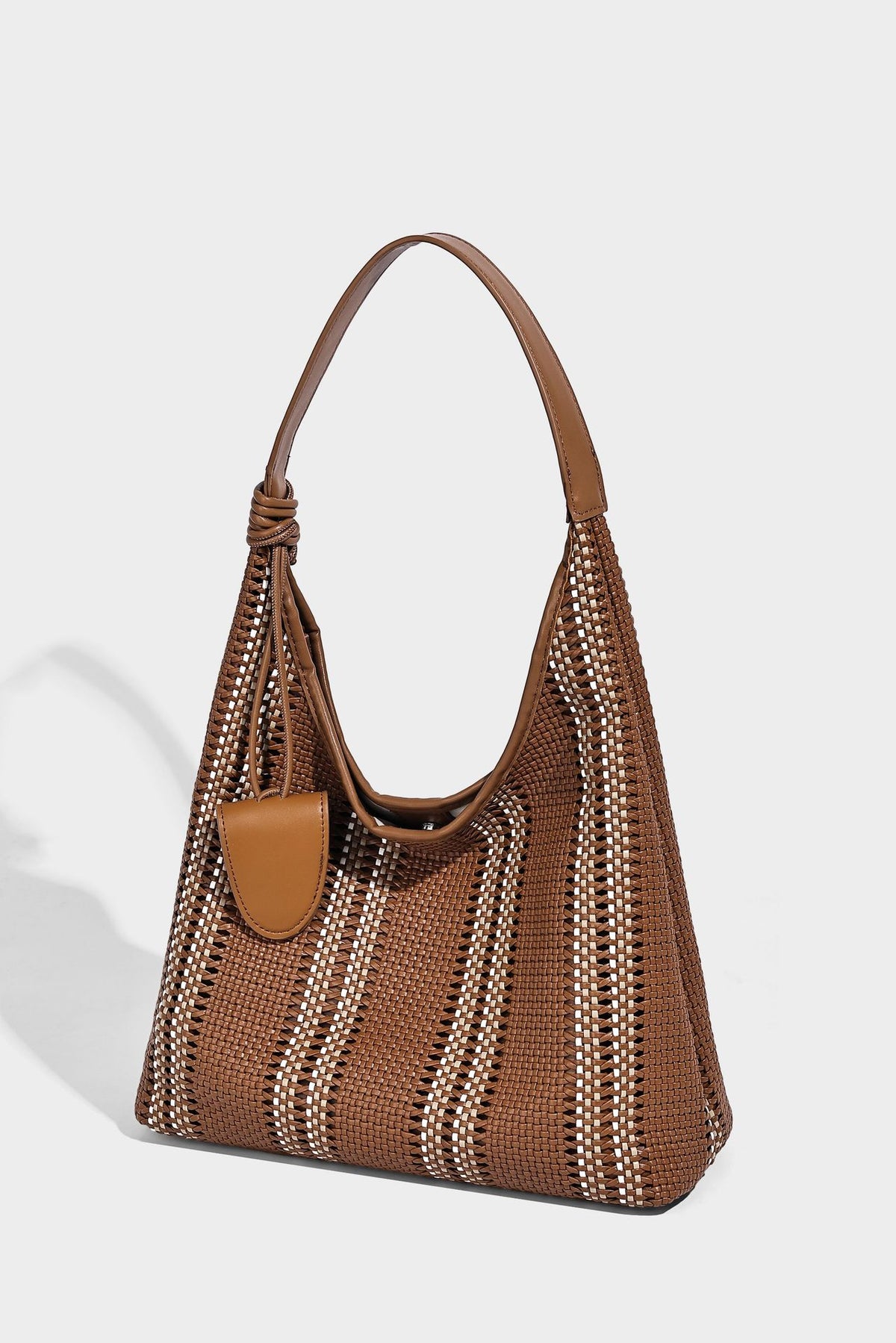 Woven striped slouch shoulder tote bag with knotted strap and attached front flap pouch, detail view 22