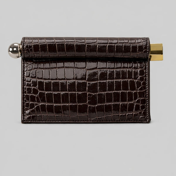 Structured rectangular clutch bag with rolled-top bar closure, gold-tone and silver-tone mixed metal hardware, detail view 11