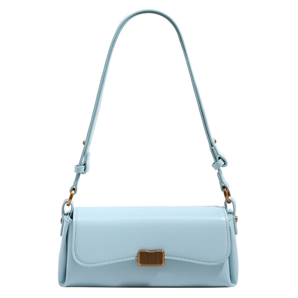 Structured rectangular baguette shoulder bag in pastel sky blue with smooth leather-look finish, ribbed gold-tone turn-lock