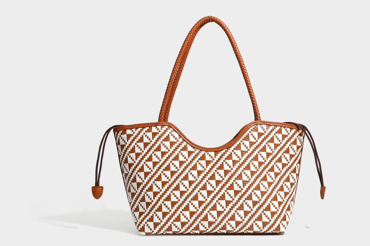 Woven geometric two-tone tote bag with braided shoulder straps and leather-look trim, detail view 27