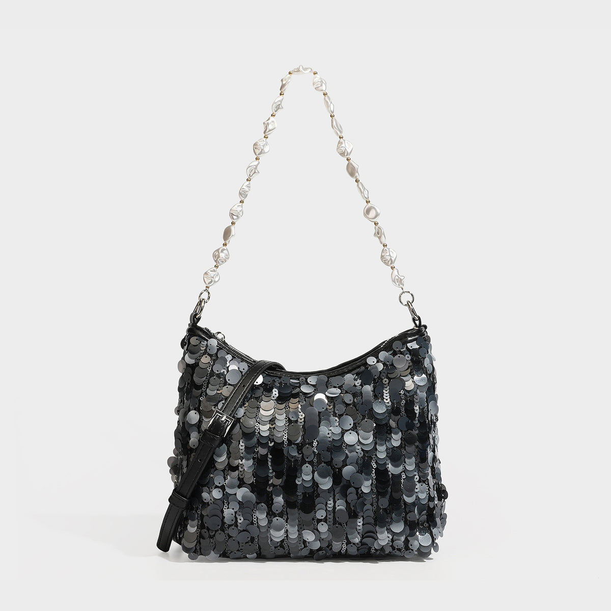 Champagne and ivory large-disc sequin shoulder bag with baroque faux-pearl beaded chain strap and silver-tone zip closure
