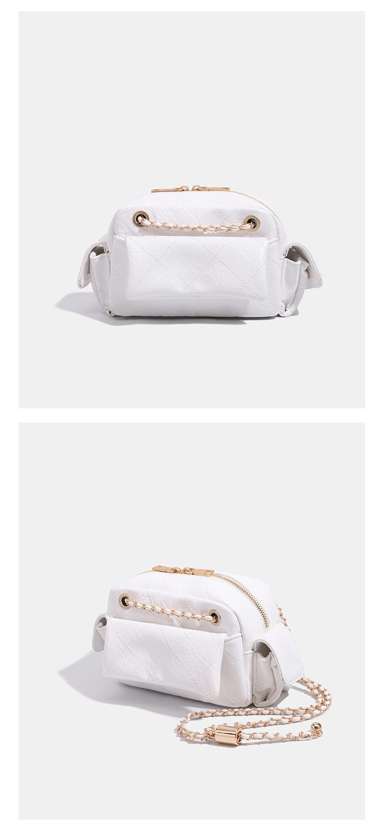 Compact quilted diamond-stitch crossbody bag with gold-tone chain strap and top zip closure, detail view 10