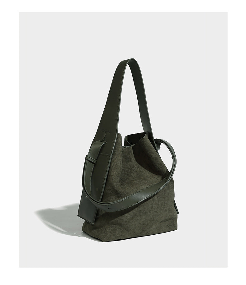 Slouchy suede-finish shoulder tote bag with leather-look trim and long strap, detail view 11