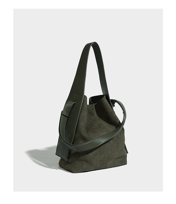 Slouchy suede-finish shoulder tote bag with leather-look trim and long strap, detail view 11