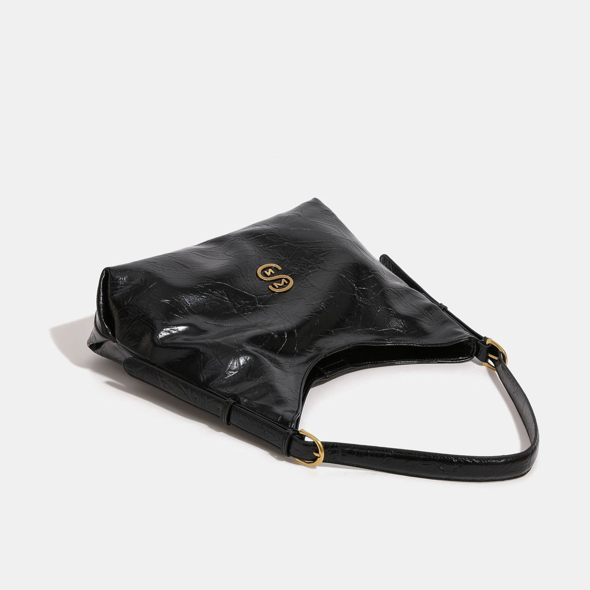 Glossy crinkled hobo shoulder bag with gold-tone logo hardware and adjustable strap, detail view 4