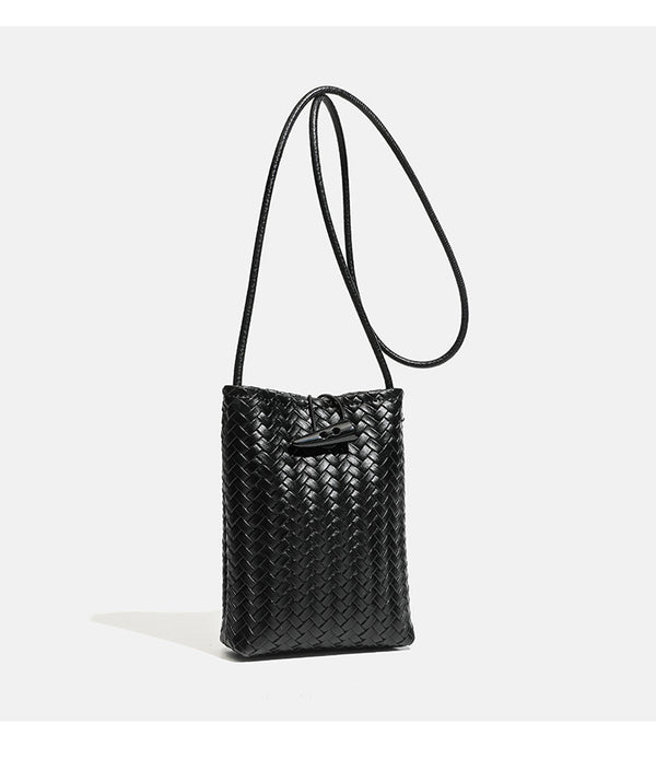 Compact woven leather-look bucket crossbody pouch with toggle closure and long fixed strap, detail view 12