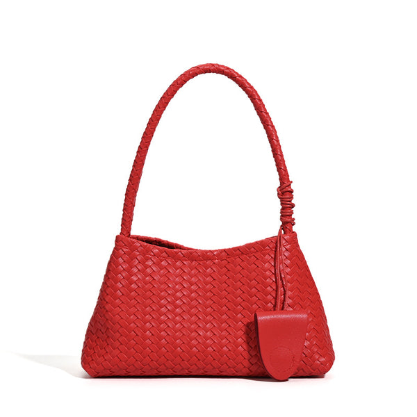 Woven leather-look shoulder bag with braided strap, trapezoidal body, and matching zip pouch, detail view 5