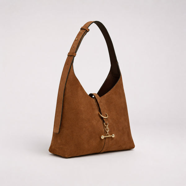 Slouchy hobo shoulder bag with gold-tone toggle ring hardware and adjustable strap, detail view 2