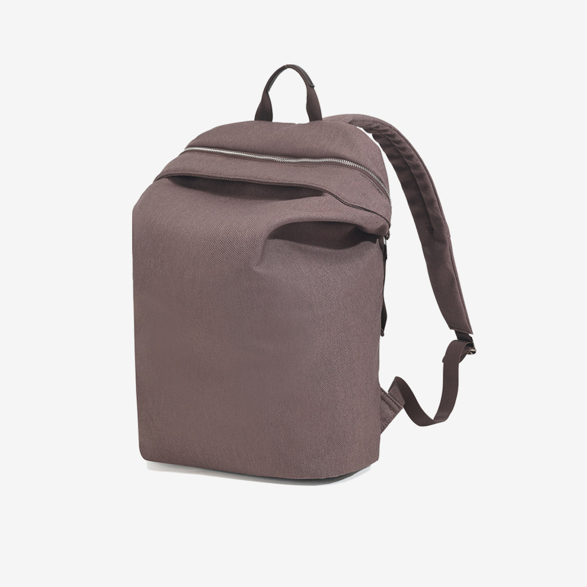 Structured matte-fabric backpack handbag with silver-tone zip closure and top carry handle, detail view 12