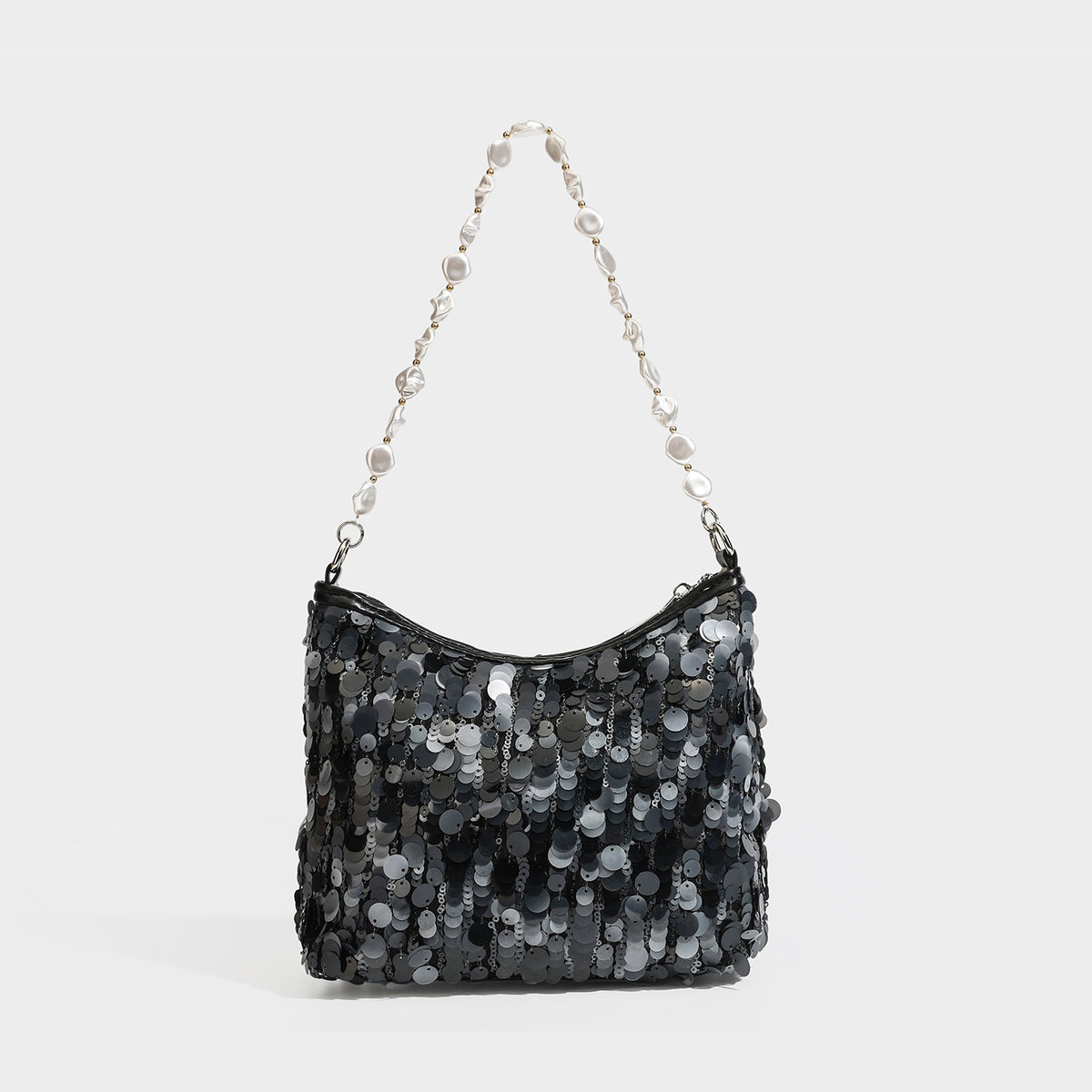 Champagne and ivory large-disc sequin shoulder bag with baroque faux-pearl beaded chain strap and silver-tone zip closure