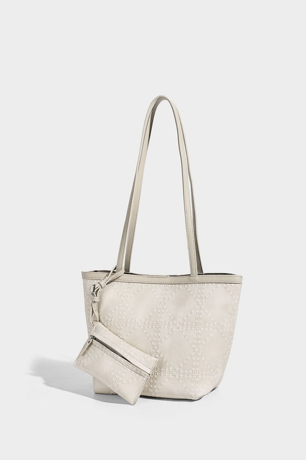 Quilted diamond-pattern tote bag with attached front zip pouch and long shoulder straps, detail view 19