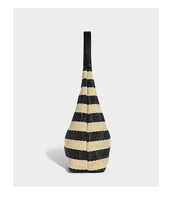 Black and beige striped woven shoulder tote bag with leather-look trim and detachable black zip pouch, detail view 8