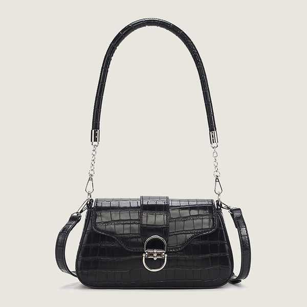 Kleine, formstabile Schultertasche mit Krokodilprägung, Klappe, rundem Drehverschluss aus Metalllegierung und Kettenglied-Tragegriff, Vorderansicht