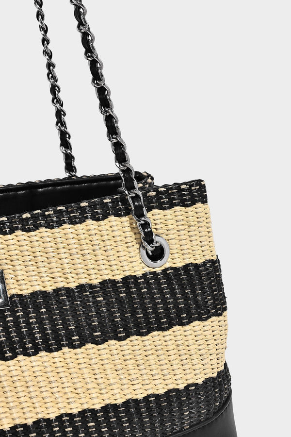 Structured black and beige striped woven shoulder bag with silver chain strap and turn-lock metal clasp, detail view 15