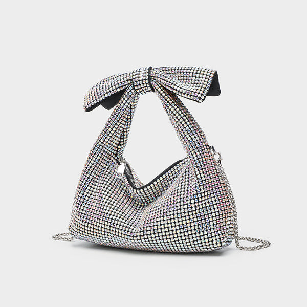 Schultertasche mit Schleife, vollständig mit Kristall-Strasssteinen besetzt, Kettenriemen und Reißverschluss, Detailansicht 7