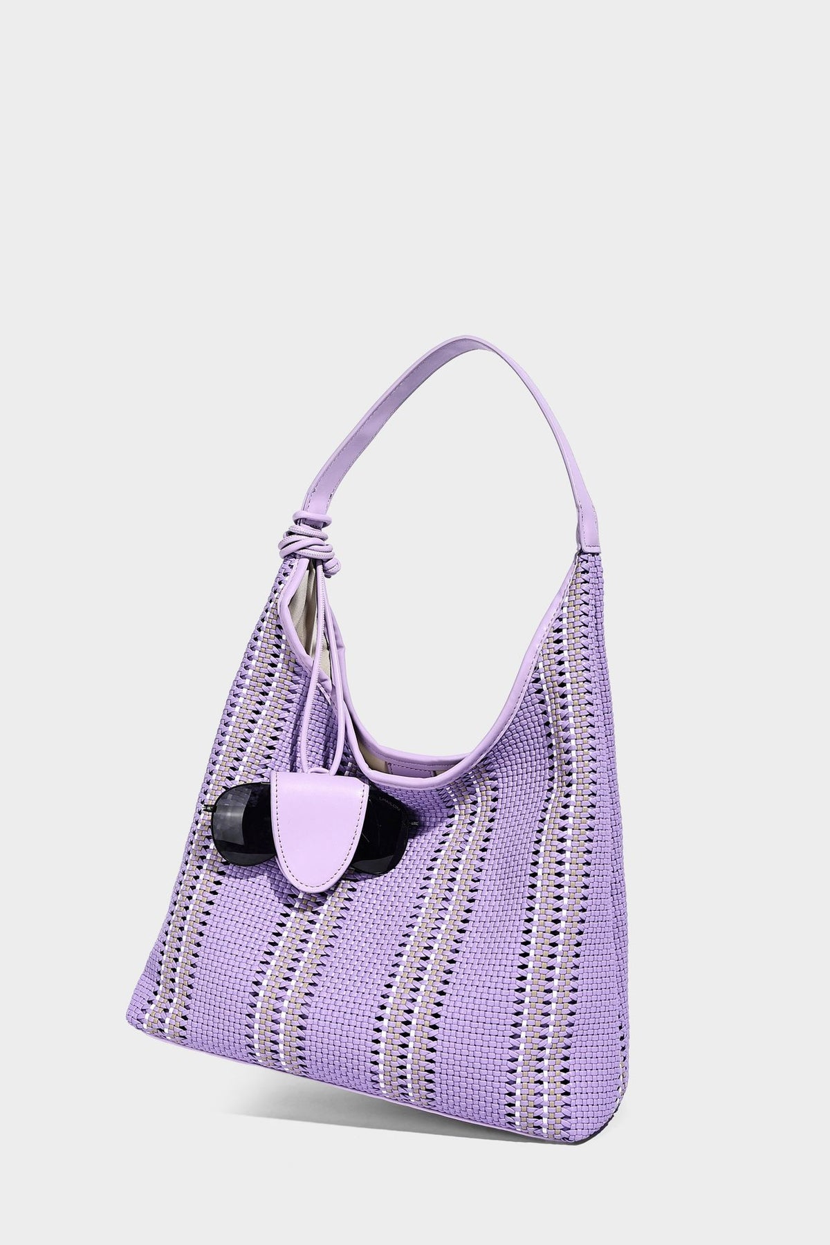 Woven striped slouch shoulder tote bag with knotted strap and attached front flap pouch, detail view 27