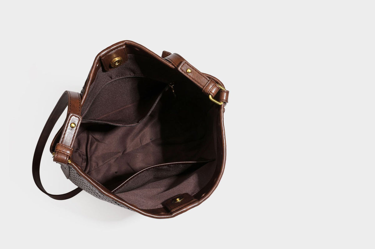 Woven-look slouchy hobo shoulder bag in brown with attached mini pouch and gold-tone hardware, detail view 39