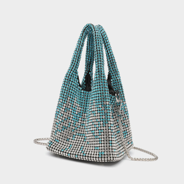 Ombré-Bucket-Bag in Schwarz bis Silber mit Strasskristallen, Kettenriemen und Kristall-Tragegriffen, Detailansicht 9