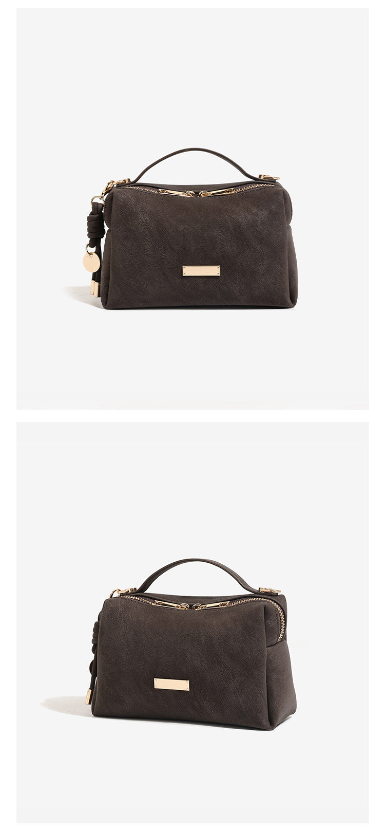 Compact boxy mini handbag with matte pebbled finish, dual top zipper, short top handle, side tassel charm, and gold-tone