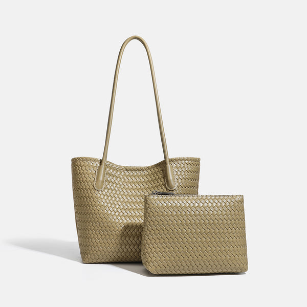 Structured woven leather-look tote bag with long shoulder straps and matching zippered pouch, detail view 8