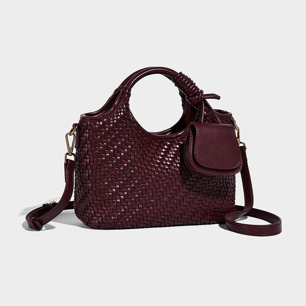 Woven texture tote bag with knotted top handles, attached front mini pouch, and gold-tone hardware, detail view 10