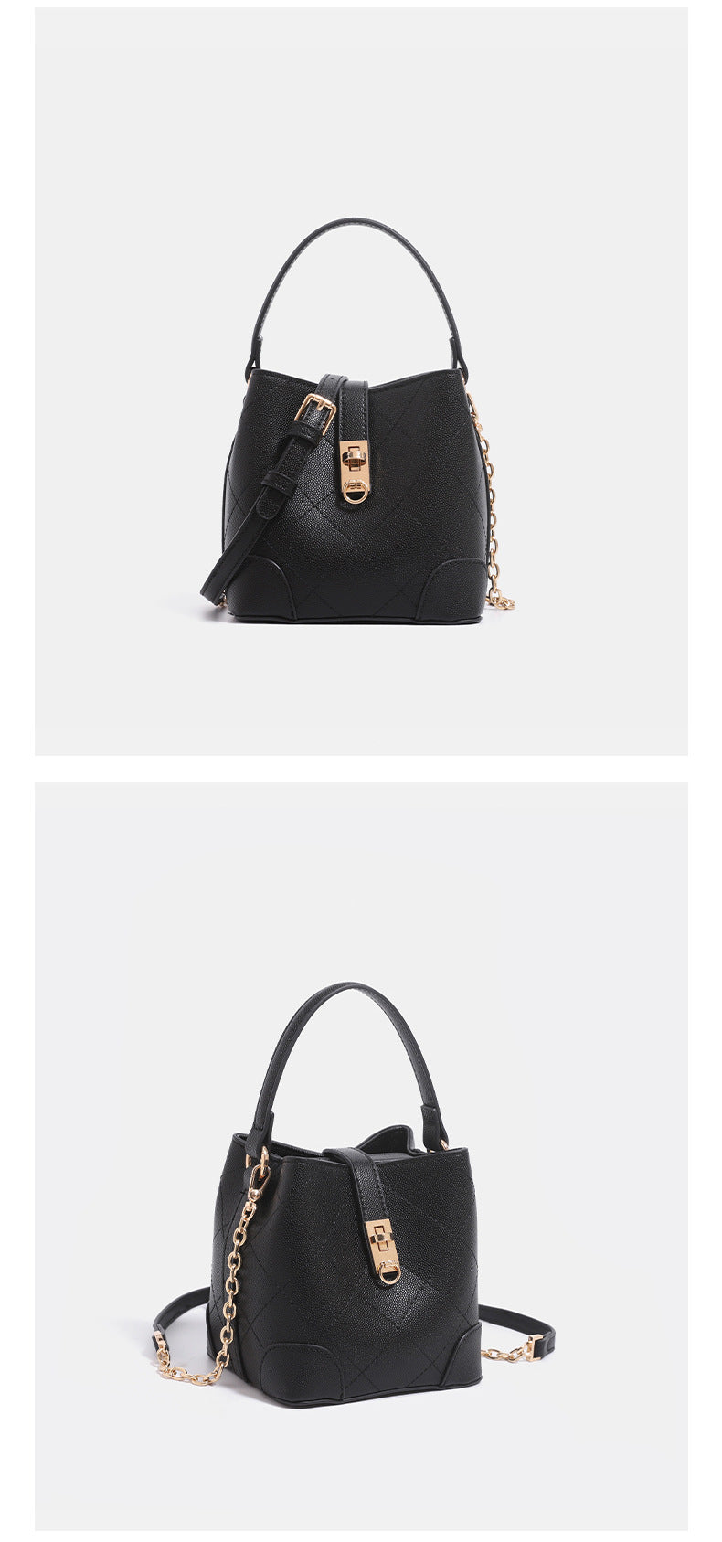 Mini diamond-quilted pebbled-finish bucket bag with gold-tone turn-lock closure and top handle, detail view 9