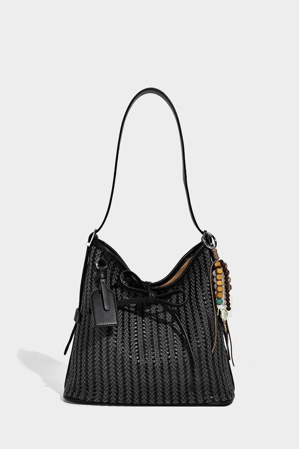 Slouchy open-weave shoulder tote bag with leather-look tan trim, tie-front closure, and long adjustable strap, detail view 11